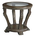 Benzara Round Engraved Wooden Frame End Table with Glass Tabletop, Dark Brown