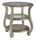Benzara Round Glass Top End Table with 2 Open Shelves and Swan Neck Legs, Silver