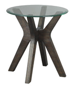Benzara Round Glass Top End Table with Wooden Cross Boomerang Legs, Brown