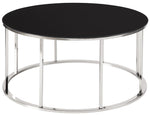 Benzara Round Tempered Glass Top Cocktail Table with Metal Frame, Black and Chrome