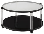 Benzara Round Tempered Glass Top Cocktail Table with Open Shelf, Black and Clear
