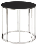 Benzara Round Tempered Glass Top End Table with Metal Frame, Black and Chrome