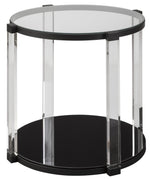 Benzara Round Tempered Glass Top End Table with Open Shelf, Black and Clear