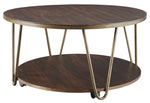 Benzara Round Wooden Cocktail Table with 1 Open Shelf and Casters, Brown and Brass