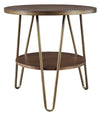 Benzara Round Wooden End Table with 1 Open Shelf and Hairpin Legs, Brown and Brass
