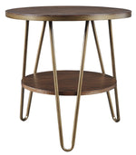 Benzara Round Wooden End Table with 1 Open Shelf and Hairpin Legs, Brown and Brass