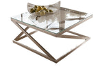 Benzara Square Glass Top Cocktail Table with Cantilever Frame, Silver and Clear