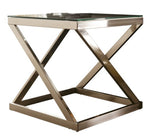 Benzara Square Glass Top Metal Frame End Table with X Shape Legs, Silver and Clear