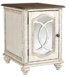 Benzara Two Tone Chair Side End Table with Mirror Insert Cabinet, White and Brown