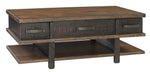 Benzara Wooden Lift Top Cocktail Table with 2 Drawers and 3 Open Shelves, Brown