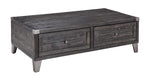 Benzara Wooden Lift Top Cocktail Table with 2 Drawers and Metal Accents, Gray