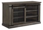 Benzara Wooden TV Stand with Barn Sliding Door and 4 Shelves, Medium, Brown