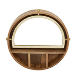 Benzara Semicircular Wall Mirror with Round Wooden Frame and Shelves, Brown