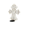 Benzara Cross Shaped Wooden Candle Holder with Scrolled Engravings, White