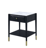 Benzara Marble Top End Table with 1 Drawer and 1 Bottom Shelf, Black and White