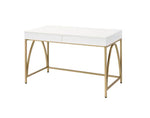 Benzara Rectangular Wooden Frame Desk with 2 Drawers and Metal Legs, White and Gold