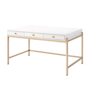 Benzara Wooden Desk with 3 Drawers and Metal Frame, Glossy White and Gold