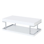 Benzara High Gloss Contemporary Coffee Table with Bottom Shelf, White and Silver