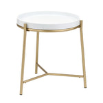 Benzara Metal Frame End Table with Round Wooden Tray Top, White and Gold
