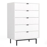 Benzara Wooden 5 Drawer Chest with Bar Pulls and Metal Straight Legs, White