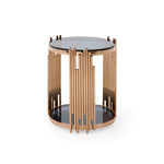 Benzara Round Shaped End Table with Smoked Glass Top and Metal Pipe Frame, Gold and Black