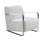 Benzara Leather Lounge Chair with Steel Arms and Sled Base, White and Silver