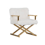 Benzara Faux Fur Steel Lounge Chair with Removable Cushion, White and Gold