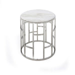 Benzara Marble Top Round End Table with Open Geometric Base, White and Silver