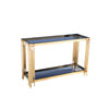 Benzara Rectangular Console Table with Smoked Glass Top and Metal Pipe Frame, Gold and Blue
