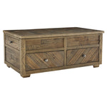 Benzara Wooden Lift Top Cocktail Table with 4 Drawers and Knots Details, Brown