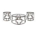 Benzara Contemporary Round Table Set with Glass Top and Geometric Metal Body, Bronze