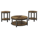 Benzara Round Metal Frame Table Set with Wooden Top and Open Bottom Shelf, Brown