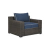 Benzara Resin Wicker Woven Lounge Chair with Track Armrests, Blue and Brown