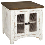 Benzara Two Tone Wooden End Table with Metal Grill Cabinet, Brown and White