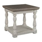 Benzara Plank Style End Table with Turned Legs and Open Shelf, White and Gray
