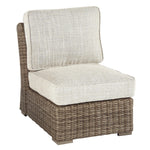 Benzara Handwoven Wicker Frame Fabric Upholstered Armless Chair, Beige and Brown
