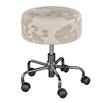 Benzara Round Cow Print Fabric Upholstered Swivel Stool, White and Brown
