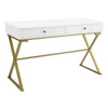 Benzara 2 Drawers Wooden Desk with X Shaped Legs and Trestle Base, White and Brass