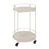 Benzara 2 Tier Round Metal Frame Bar Cart with Medallion Engraving, White and Beige
