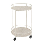 Benzara 2 Tier Round Metal Frame Bar Cart with Medallion Engraving, White and Beige