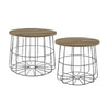 Benzara Round Wooden Top Open Metal Nesting Basket Table, Set of 2, Brown and Gray