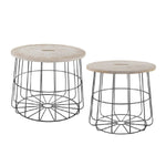 Benzara Medallion Engraved Wooden Top Basket Table, Set of 2, Beige and Gray