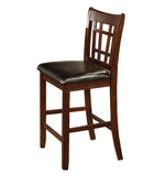 Benzara Leatherette Wooden Counter Chair with Lattice Cut Out Back, Set of 2, Brown