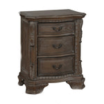 Benzara BM215262 3 Drawer Nightstand with Carving and Bracket Feet Support, Brown