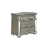 Benzara BM215359 2 Drawer Transitional Nightstand with Mirror Trim inlay and Bun Feet,Silver