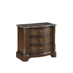 Benzara BM215392 Three Drawer Wooden Nightstand with Marble Top and Antique Pulls, Brown