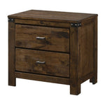 Benzara BM215429 2 Drawer Wooden Nightstand with Metal Bars and Corner Brackets, Brown
