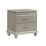 Benzara BM215479 2 Drawer Wooden Nightstand with Faux Crystal Inlay, Champagne Silver