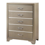 Benzara BM215532 Five Drawer Wooden Chest with Polished Metallic Pulls, Champagne Gold