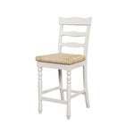 Benzara BM215629 Wooden Counter Stool with Rush Woven Seat and Cut Out Back, Beige and White